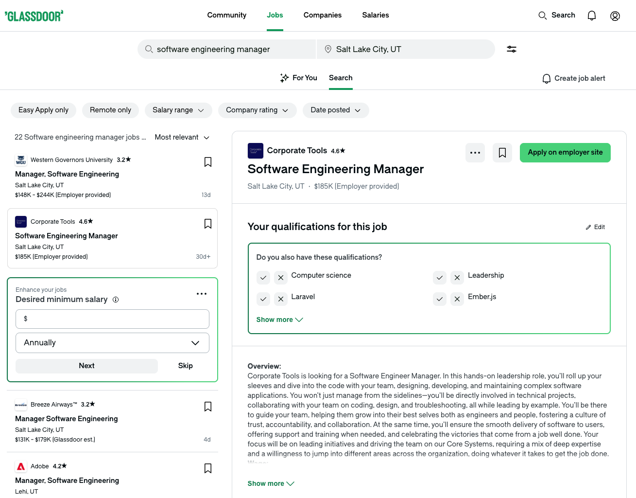 Glassdoor's Job Search Page